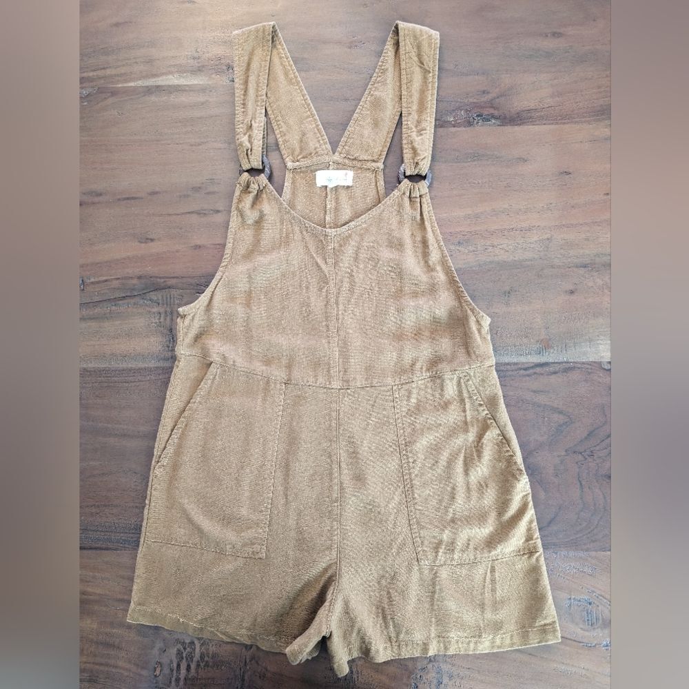 April Kiss Linen Blend Shortalls Romper Camel Brown Size Small